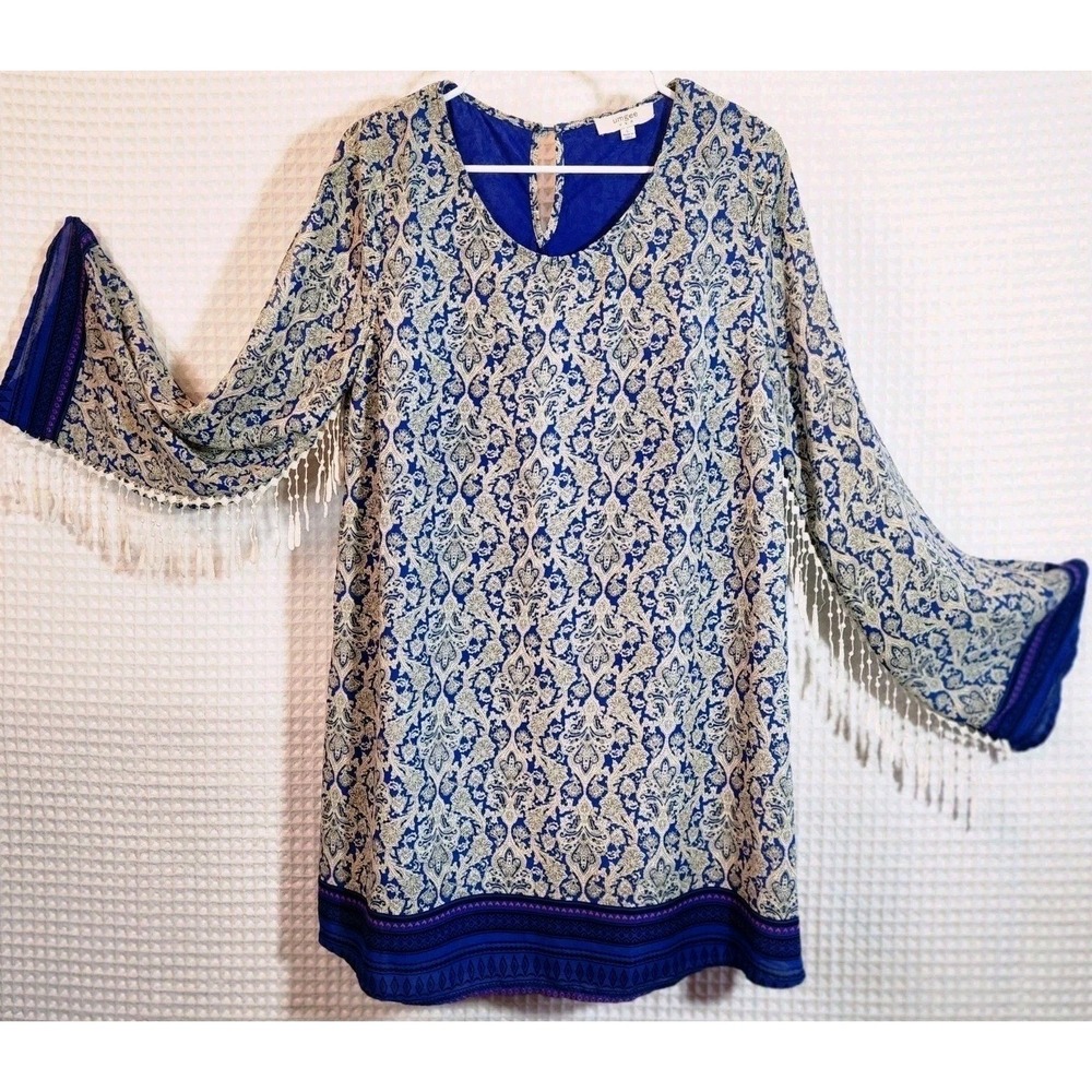 Umgee Dress‎ Summer Shift  Women's Boho Blue Fringe Sleeves L Lined Vibrant Chic